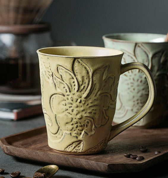 Green Ceramic Coffee Mug, Birthday Gifts, Stoneware Coffee Mugs, Handmade Pottery Coffee Mug, Large Capacity Coffee Cups-Paintingforhome