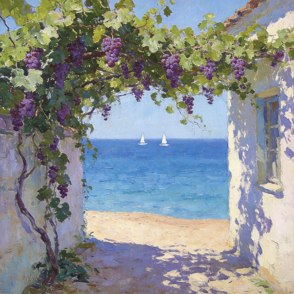 Hand Painted Canvas Art, Summer Glow on the Vine-Covered Terrace, Seashore Beach Paintings, Original Oil Paintings