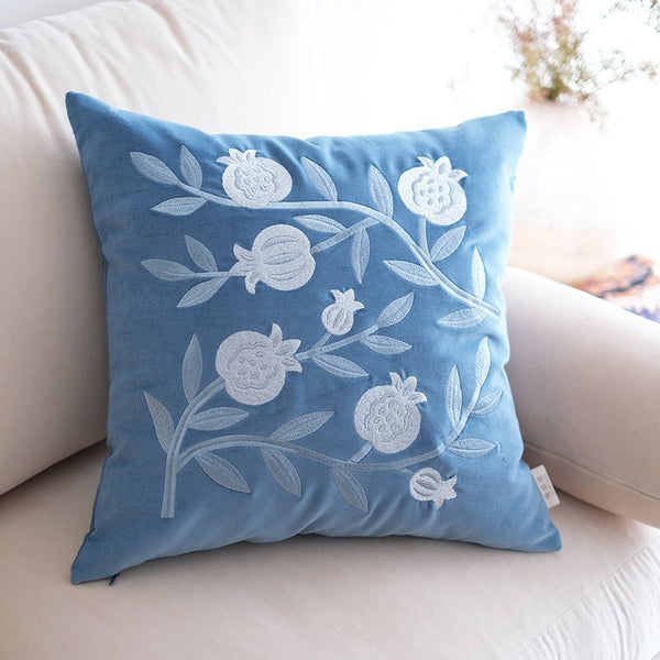 Living Room Decorative Pillows, Blue Embroidered Pomegranate Cushion, Large Decorative Pillows for Couch, Modern Throw Pillows for Bedroom, Decorative Pillow Arrangement Ideas for Couch-Paintingforhome