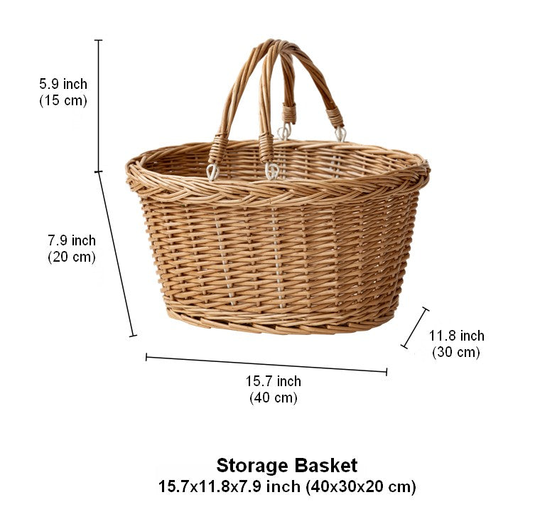 Kitchen Storage Baskets, Small Picnic Food Basket with Handle, Natural Hand-woven Wicker Storage Basket, Willow Weaving Baskets for Vegetable, Natural Fruit Basket-Paintingforhome