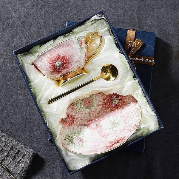 Unique Tea Cups and Saucers in Gift Box, Blue and Pink Beautiful British Tea Cups, Elegant Ceramic Coffee Cups, Creative Bone China Porcelain Tea Cup Set-Paintingforhome