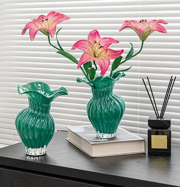 Unique Handmade Liuli Vases, Color Glaze Vase, Contemporary Vases for Modern Home Decor, Green Glass Bud Vases, Centerpiece Vases on Table-Paintingforhome