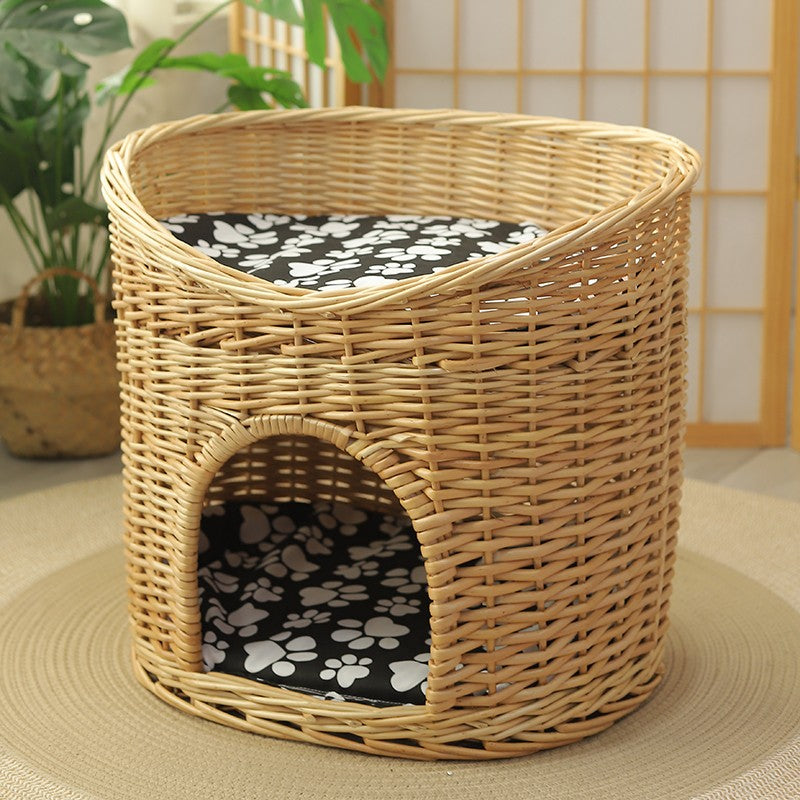Washable Wicker Cat Bed, Wicker Cat House with Washable Cushion for Indoor Cats and Dogs-Paintingforhome
