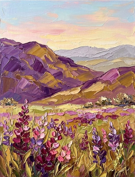Landscape Paintings, Flowers Awaken Beneath Purple Hills, Small Canvas Artwork for Sale, Original Oil Paintings, Heavy Texture Paintings