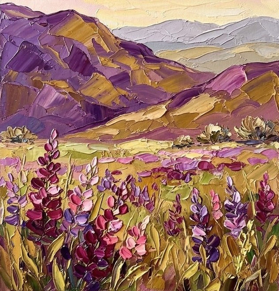 Landscape Paintings, Flowers Awaken Beneath Purple Hills, Small Canvas Artwork for Sale, Original Oil Paintings, Heavy Texture Paintings