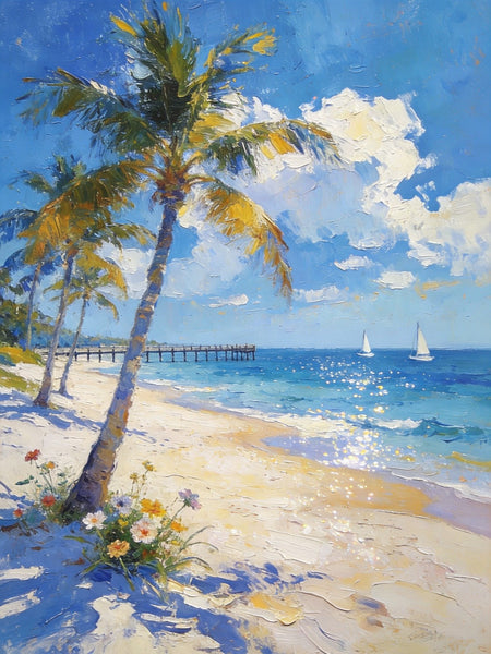 Small Oil Paintings, Sandy Beach Serenity, Palm Tree Beach Paintings, Canvas Paintings for Bedroom, Heavy Texture Artwork, Hand Painted Canvas Art, Original Landscape Paintings-Paintingforhome