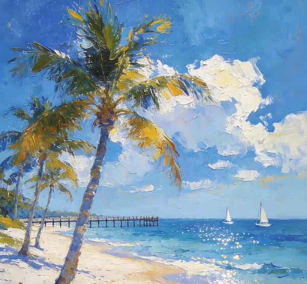 Small Oil Paintings, Sandy Beach Serenity, Palm Tree Beach Paintings, Canvas Paintings for Bedroom, Heavy Texture Artwork, Hand Painted Canvas Art, Original Landscape Paintings-Paintingforhome