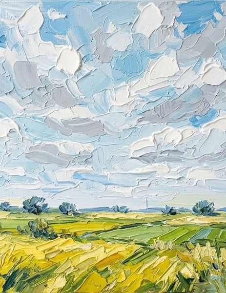 Original Oil Painting for Sale, Sunny Clouds Drifting Over the Field, Abstract Landscape Paintings, Hand Painted Canvas Art