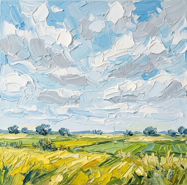 Original Oil Painting for Sale, Sunny Clouds Drifting Over the Field, Abstract Landscape Paintings, Hand Painted Canvas Art