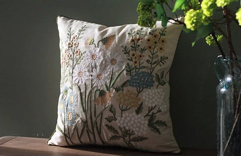 Decorative Pillows for Sofa, Flower Decorative Throw Pillows, Embroider Flower Cotton Pillow Covers, Farmhouse Decorative Throw Pillows-Paintingforhome