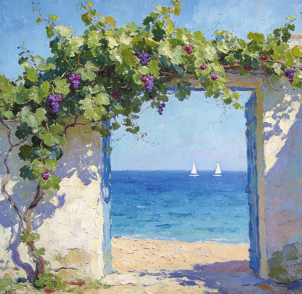 Hand Painted Canvas Art, Original Small Paintings, Seaside Cottage Under the Grape Canopy, Small Canvas Wall Art Paintings, Original Oil Paintings