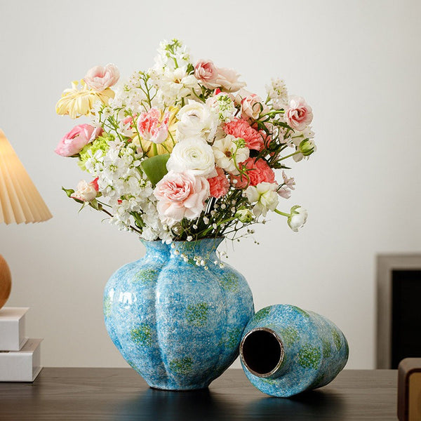 Centerpiece on Dining Table, Blue Flower Vase on Table, Handmade Water Holding Flower Vases, Pottery Flower Vases, Modern Bouquet Flower Vases-Paintingforhome