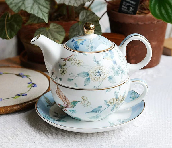 Stackable Teapot and Cup Set, Ceramic Tea Pot with Integrated Cup, Porcelain Teapot with Matching Cup and Saucer in Gift Box, Mother-and-Baby Teapot with Matching Saucer-Paintingforhome