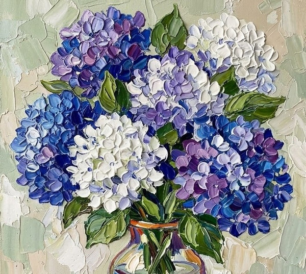 Original Oil Paintings, Blue and White Hydrangea Flowers in Glass Vase, Hand Painted Canvas Art, Original Flower Paintings, Small Canvas Art