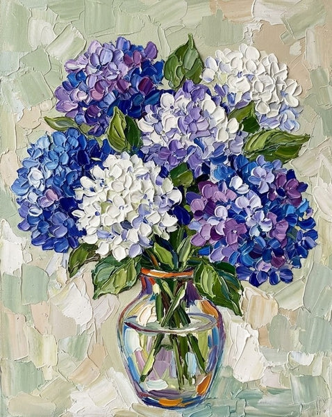 Original Oil Paintings, Blue and White Hydrangea Flowers in Glass Vase, Hand Painted Canvas Art, Original Flower Paintings, Small Canvas Art