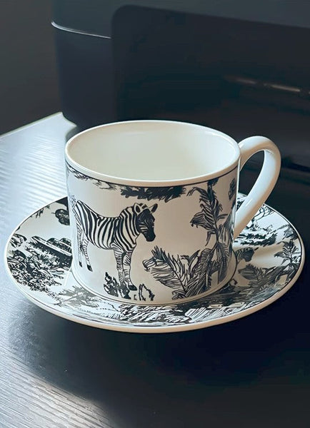 Royal Ceramic Cups, Elegant Ceramic Coffee Cups, 6.8 oz Tea Cup and Saucer in Gift Box, Zebra Jungle Porcelain Tea Cup Saucer Set-Paintingforhome