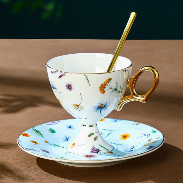 Elegant British Ceramic Coffee Cup with Saucer, 6.8 oz Tea Cup and Saucer Set in Gift Box, Floral Porcelain Tea Cup and Saucer Set, Flower Ceramic Tea Cup and Saucer-Paintingforhome