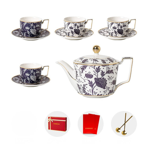 British Traditional Afternoon Tea Cup Set of 4 cups, 8 oz Ceramic Coffee Cup with Saucer in Gift Box, Porcelain Tea Cup and Saucer Set with Teapot-Paintingforhome