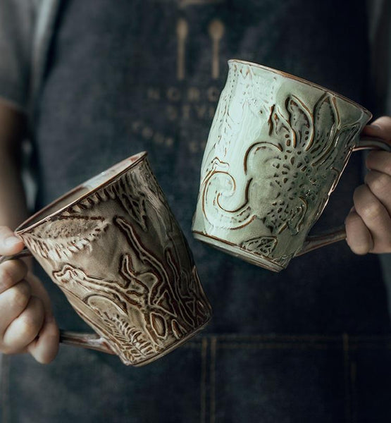 Brown Ceramic Coffee Mug, Large Capacity Coffee Cups, Anniversary Gifts, Stoneware Coffee Mugs, Handmade Pottery Coffee Mug-Paintingforhome