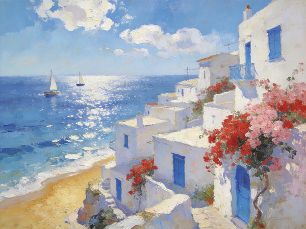 Original Oil Paintings, Santorini's Seaside Symphony, Seashore Paintings, Summer Resort, Hand Painted Canvas Art, Small Canvas Paintings, Landscape Wall Art Paintings, Landscape Paintings for Living Room-Paintingforhome