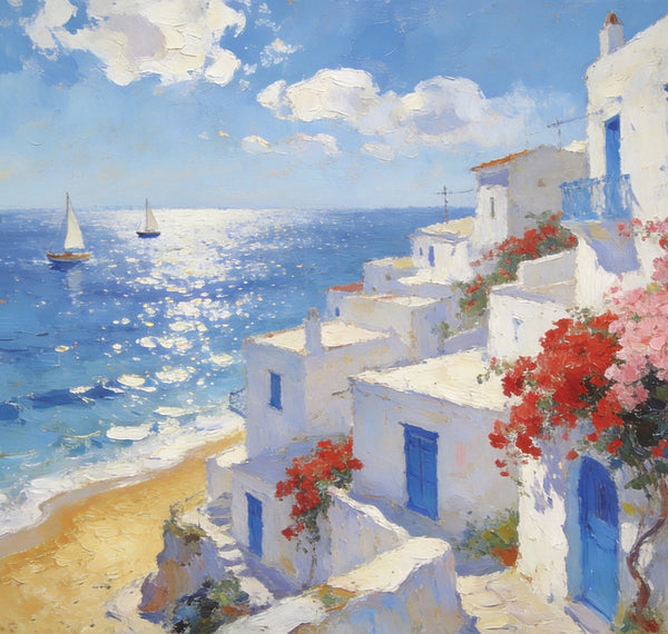 Original Oil Paintings, Santorini's Seaside Symphony, Seashore Paintings, Summer Resort, Hand Painted Canvas Art, Small Canvas Paintings, Landscape Wall Art Paintings, Landscape Paintings for Living Room-Paintingforhome