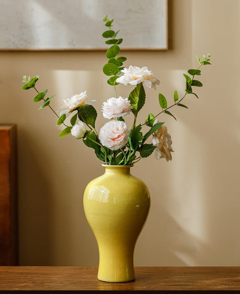 Porcelain Flower Vases, Handmade Water Holding Flower Vase, Yellow Flower Vases on Table, Ceramic Bud Vases-Paintingforhome