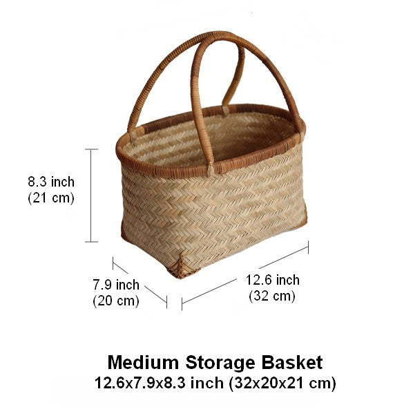 Storage Basket with Handle, Large Kitchen Storage Baskets, Natural Hand-woven Bamboo Storage Basket, Lovely Bamboo Weaving Baskets for Vegetable, Picnic Fruit Storage Baskets-Paintingforhome