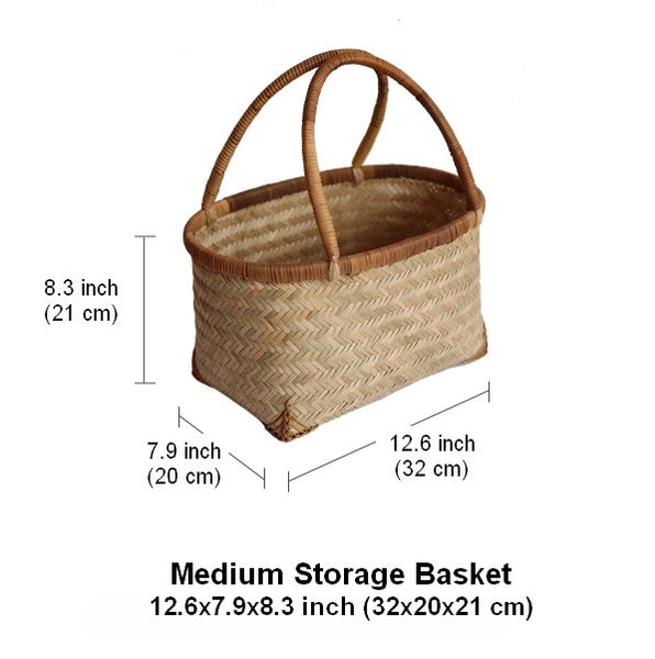 Storage Basket with Handle, Large Kitchen Storage Baskets, Natural Hand-woven Bamboo Storage Basket, Lovely Bamboo Weaving Baskets for Vegetable, Picnic Fruit Storage Baskets-Paintingforhome