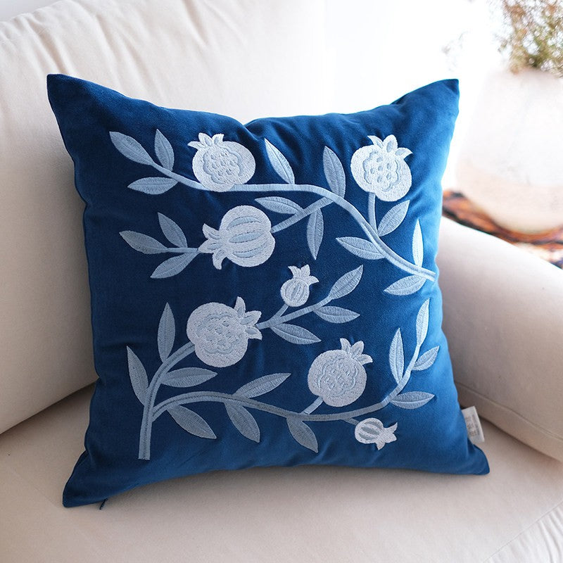 Blue Embroidered Pomegranate Cushion, Large Decorative Pillow, Botanical Fruit Motif, Mediterranean Style Pillow, Soft Velvet Throw, Statement Couch Cushion, Hand Embroidery Art, Rich Blue Tone, Elegant Living Room Decor, Oversized Accent Pillow