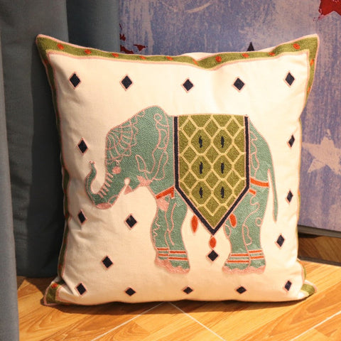 Elephant Embroider Cotton Pillow Covers, Farmhouse Decorative Sofa Pillows, Cotton Decorative Pillows, Decorative Throw Pillows for Couch-Paintingforhome