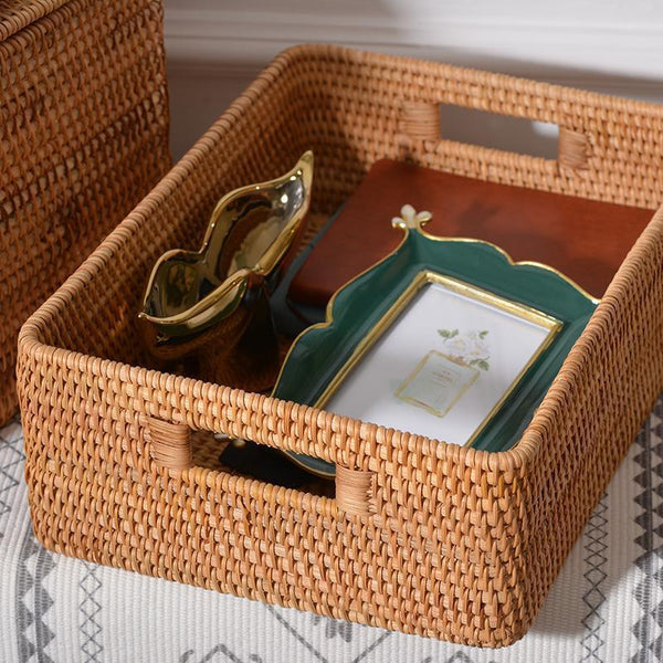 Rectangular Storage Basket with Lid, Rattan Basket, Storage Basket for Shelves, Storage Baskets for Bathroom, Bedroom Storage Baskets-Paintingforhome