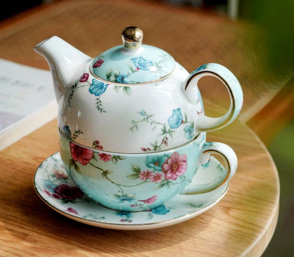 Porcelain Teapot with Matching Cup and Saucer in Gift Box, Stackable Teapot and Cup Set, Ceramic Tea Pot with Integrated Cup, Mother and Baby Teapot with Matching Saucer-Paintingforhome