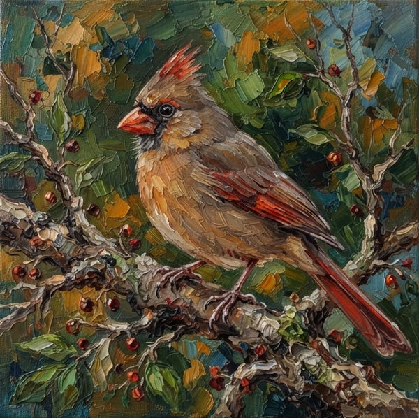 Hand Painted Canvas Art, Northern Cardinal Bird Painting, Small Art on Canvas, Original Oil Paintings, Heavy Texture Painting, Miniature Wall Art