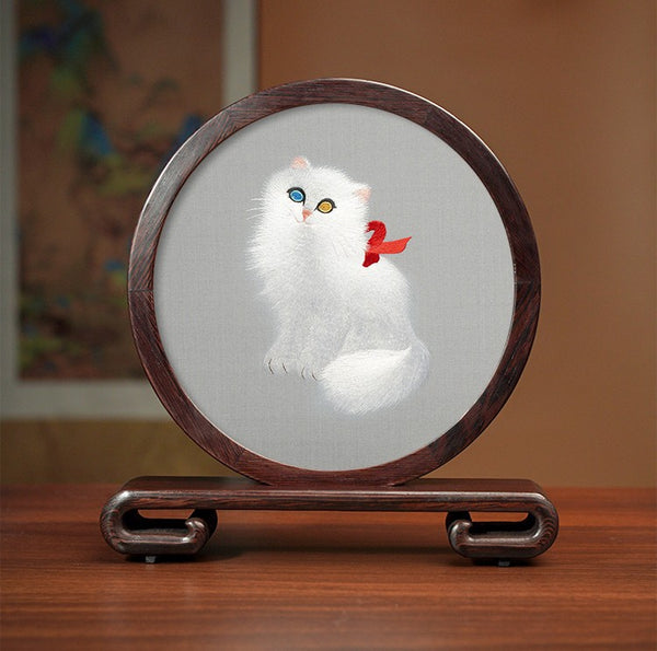 Exclusive Business Present, Lovely Kitty Cat Embroidered Decor, Premium Souvenir, Unique Birthday Gift, Traditional Chinese Suzhou Kitten Embroidery Ornament-Paintingforhome