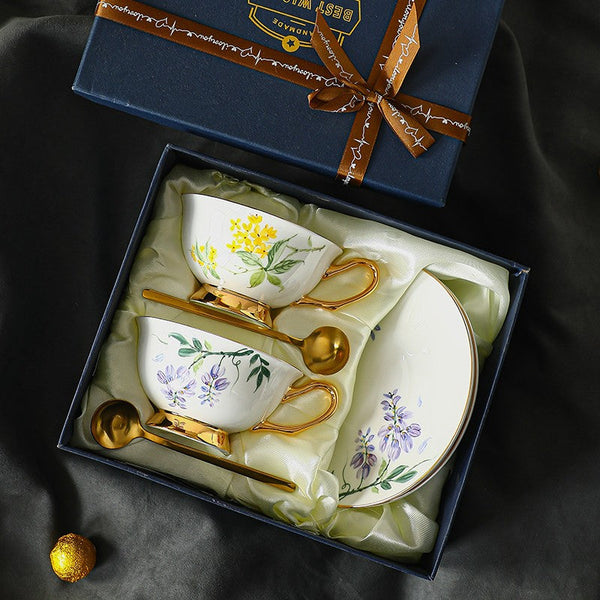 Porcelain Tea Cup Saucer Set, Unique Tea Cup and Saucer in Gift Box, 7.4 oz Floral Ceramic Coffee Cup with Saucer, Beautiful British Tea Cup and Saucer-Paintingforhome