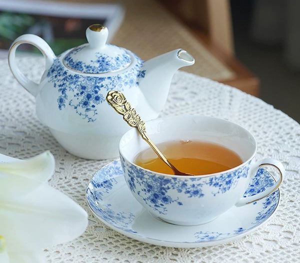 Mother and Baby Teapot with Matching Saucer British Style Porcelain Teapot with Matching Cup and Saucer in Gift Box, Ceramic Tea Pot with Integrated Cup, Stackable Teapot and Cup Set-Paintingforhome