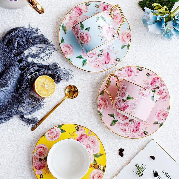 Porcelain Coffee Cups, British Tea Cups, Yellow Coffee Cups with Gold Trim and Gift Box, Rose Flower Tea Cup and Saucer, Latte Coffee Cups-Paintingforhome