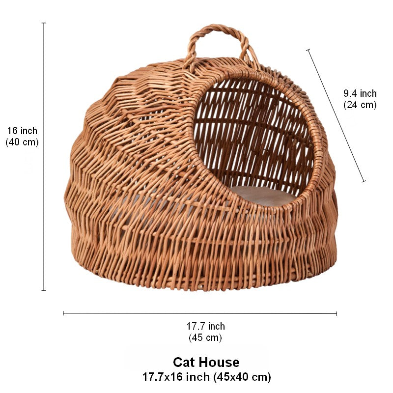 Indoor Cat Bed, Natural Wicker Cat House Basket with Washable Cushion for Indoor Cats and Dogs-Paintingforhome