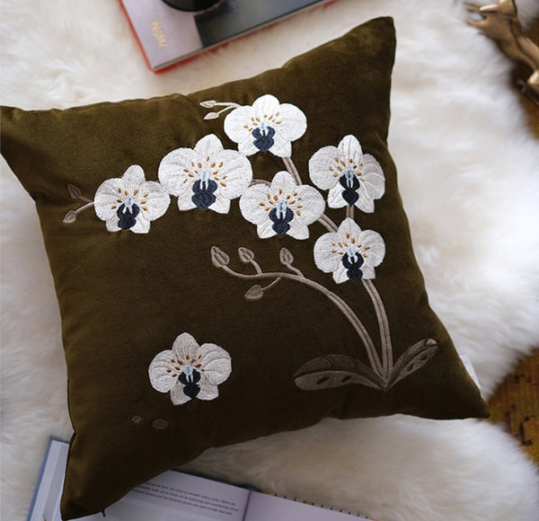 Large Decorative Pillows for Couch, Dark Olive Green Embroidered Moth Orchid Cushion, Decorative Pillow Arrangement Ideas for Couch, Living Room Decorative Pillows, Modern Throw Pillows for Bedroom-Paintingforhome