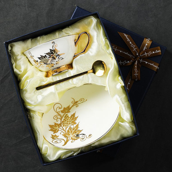 Elegant British Ceramic Coffee Cups, 7.4 oz Golden Leaves and Grapes Porcelain Tea Cup Saucer Set, Unique British Tea Cup and Saucer in Gift Box-Paintingforhome