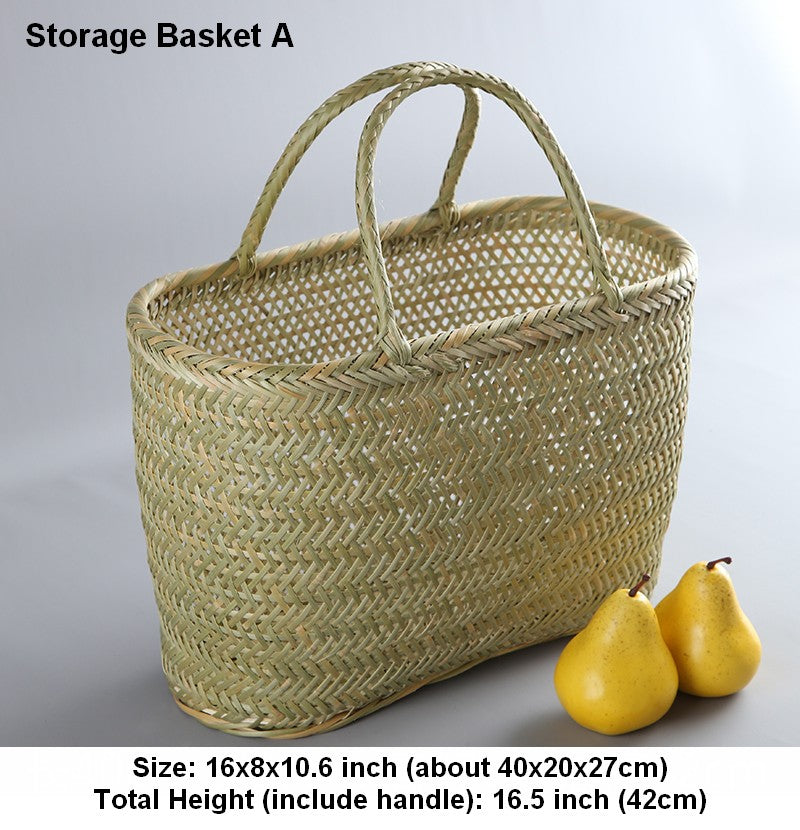 Natural Fruit Basket Kitchen Storage Baskets, Lovely Bamboo Baskets for Vegetable, Picnic Food Basket with Handle, Large Natural Hand-woven Bamboo Basket-Paintingforhome