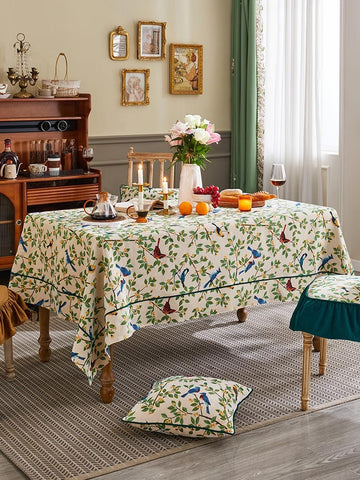 Large Modern Rectangle Tablecloth for Dining Room Table, Bird Flower Pattern Farmhouse Table Cloth, Square Tablecloth for Round Table-Paintingforhome