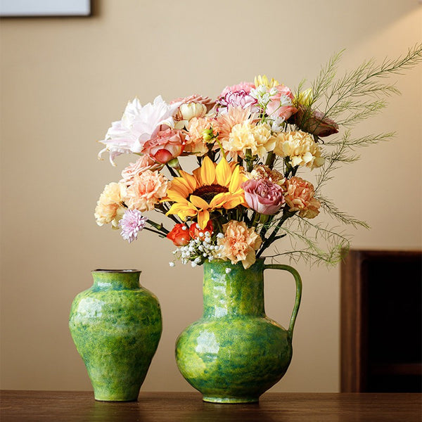 Modern Pottery Flower Vases, Handmade Water Holding Flower Vases, Pottery Bud Vases, Large Green Flower Vases on Table, Centerpiece on Dining Table-Paintingforhome