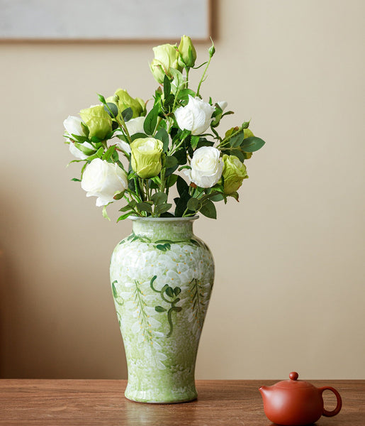 Large Flower Vases on Table, Green Porcelain Flower Vases, Centerpiece Ceramic Bud Vases, Handmade Water Holding Flower Vase-Paintingforhome