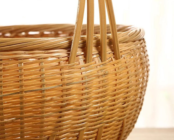 Natural Hand-woven Bamboo Basket, Extra Large Picnic Food Basket with Handle, Lovely Bamboo Baskets for Vegetable, Natural Fruit Basket Kitchen Storage Baskets-Paintingforhome
