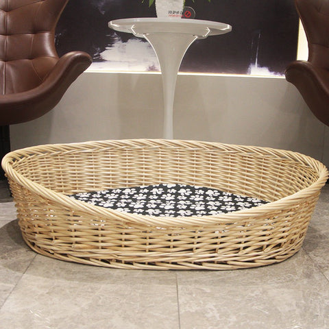 Natural Wicker Dog Bed with Washable Cushion for Indoor Cats and Dogs, Hand woven Rattan Cat Beds-Paintingforhome
