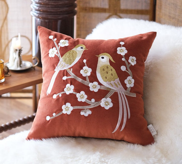 Modern Throw Pillows for Bedroom, Decorative Pillows for Couch, Vintage Decorative Pillows, Embroidered Birds Cushion, Decorative Pillow Arrangement Ideas for Couch-Paintingforhome