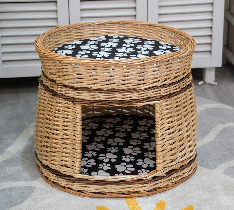 Large Double-Layer Cat Bed, Wicker Cat House Basket with Washable Cushion for Indoor Cats and Dogs-Paintingforhome