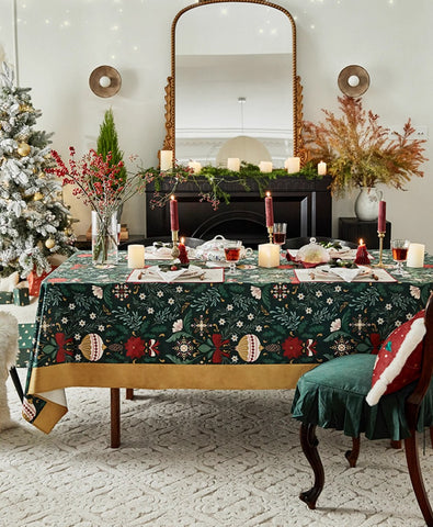 Jingle Bell Christmas Table Covers for Dining Table, Green Table Cloth for Oval Table, Large Modern Rectangle Tablecloth for Large Table-Paintingforhome