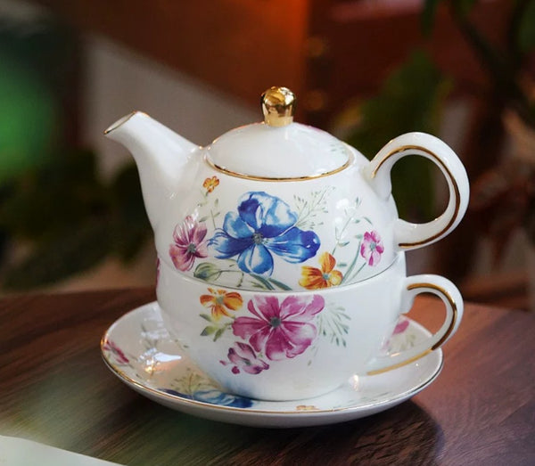 Ceramic Tea Pot with Integrated Cup, Stackable Teapot and Cup Set, Porcelain Teapot with Matching Cup and Saucer in Gift Box, Mother and Baby Teapot with Matching Saucer-Paintingforhome
